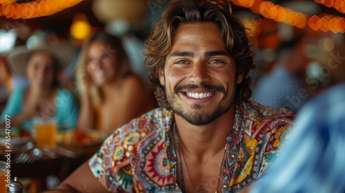 Smiling man with long hair, in a colorful shirt, sits in a lively, crowded restaurant