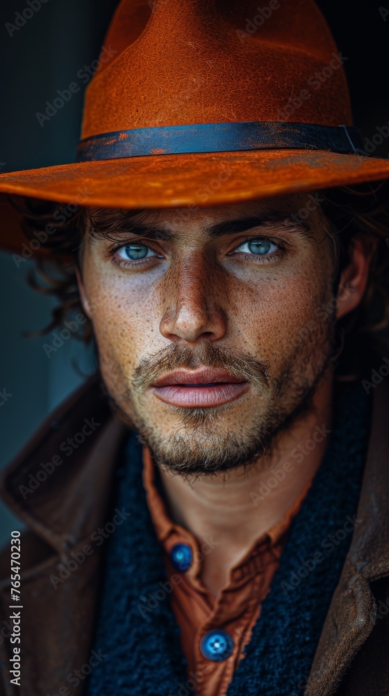 Man with striking blue eyes wearing an orange hat and a brown leather jacket poses Man with striking blue eyes wearing an orange hat and a brown leather jacket poses