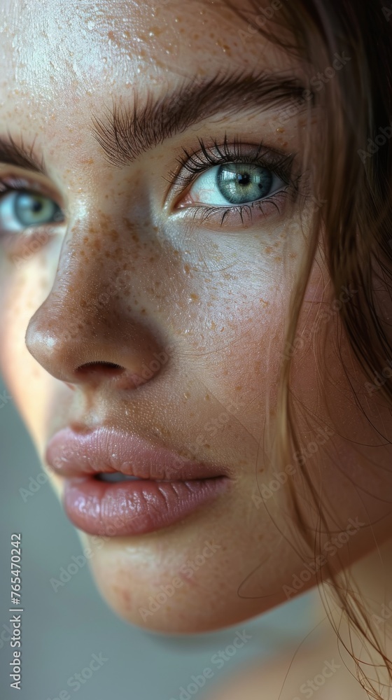 Close-up portrait of a person with striking blue eyes, freckles, and dewy, luminous skin Close-up portrait of a person with striking blue eyes, freckles, and dewy, luminous skin