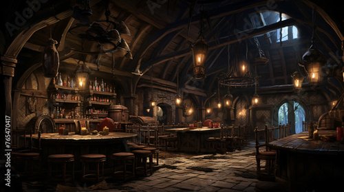 An illustration of the big medieval fantasy tavern. ..