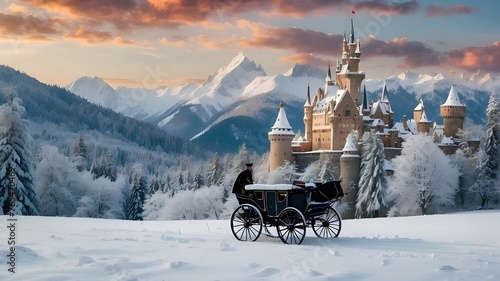 A magical scene straight out of a fairytale, with a majestic castle nestled in the snowy mountains and a horse-drawn carriage gliding through the snow-covered forest. photo