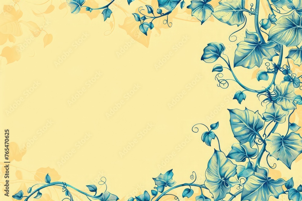 Hand drawn ivy and vines in blue on a yellow background in a pretty entwining tangle of leaves climbing up the side border in a floral nature.
