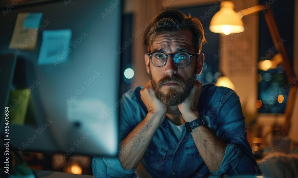 Man with a concerned face working on an iMac during nighttime at a modern office