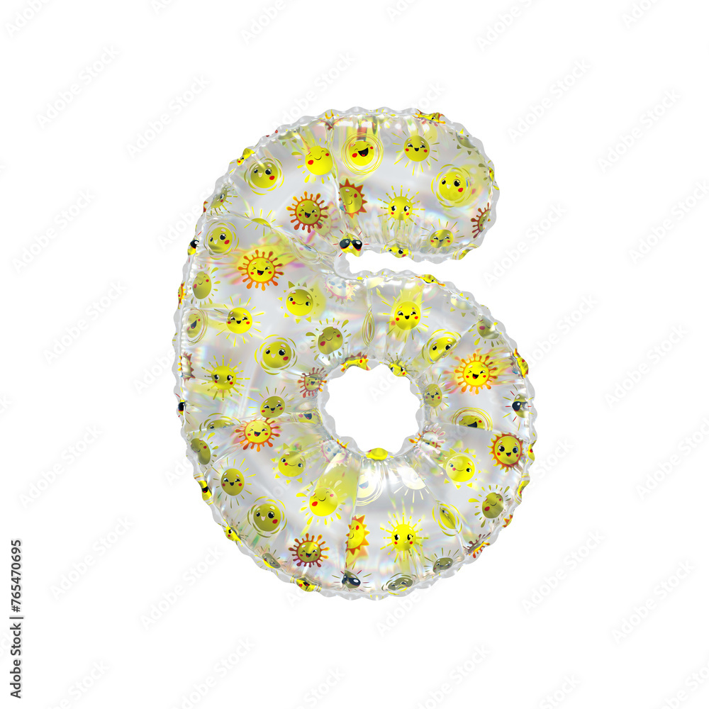 3D inflated balloon Number 6 with rainbow transparent glass and yellow sun smiley childrens pattern 3D inflated balloon Number 6 with rainbow transparent glass and yellow sun smiley childrens pattern