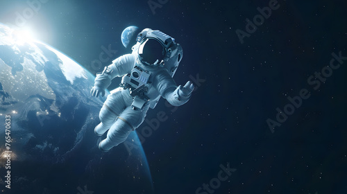 Astronaut Floating with Earth and Moon: 3D Visualization © Abzal
