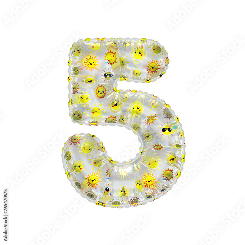 3D inflated balloon Number 5 with rainbow  transparent glass and yellow sun smiley childrens pattern