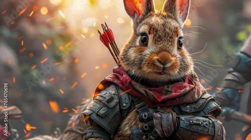 Warrior rabbit in armor with a quiver of arrows set against a fiery, battle-like background photo