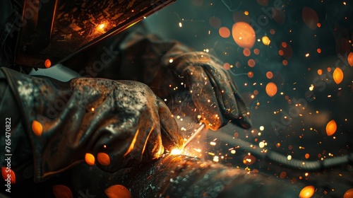 Welder works on steel pipe with sparks flying.