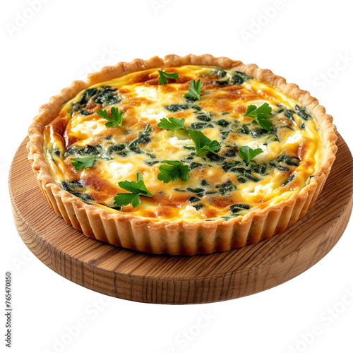 Extreme front view of a cheesy spinach and ricotta quiche on a wooden tray plate isolated on a white transparent background. 
