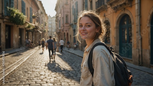 woman walking in the city.Fashionable Woman Exploring the City on Foot"