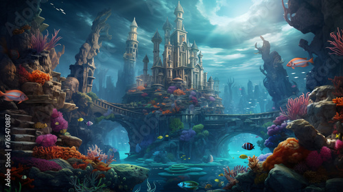 An underwater city with colorful coral reefs and tropi