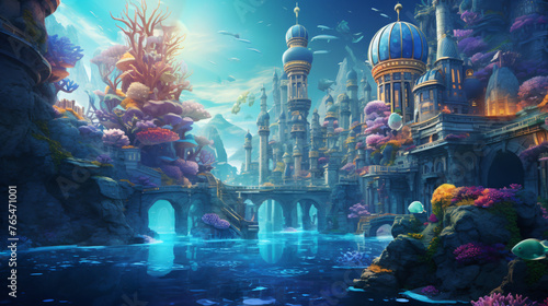 An underwater city with colorful coral reefs and tropi