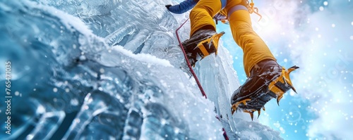 ice climber skillfully navigating the ascent of a frozen waterfall using specialized equipment photo