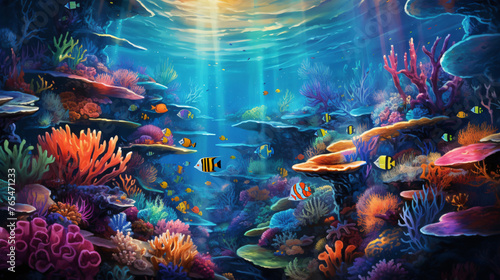 An underwater world teeming with colorful fish and cor