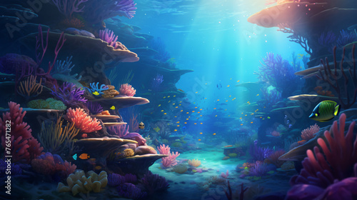 An underwater world teeming with colorful fish and cor