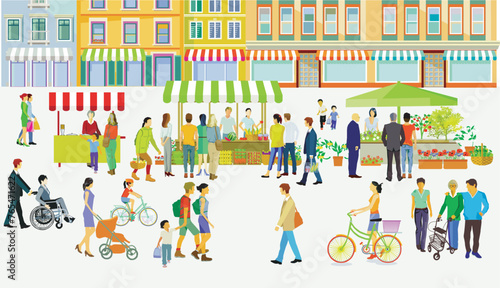 Stadtsilhouette mit Menschengruppen in der Freizeit im Wohnviertel, Illustration