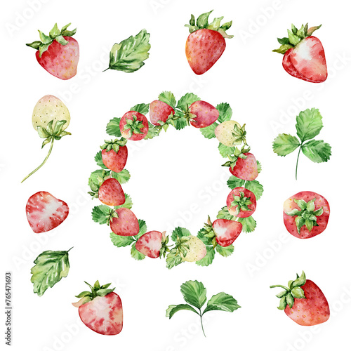 Fototapeta Naklejka Na Ścianę i Meble -  Watercolor strawberries wreath, red berries