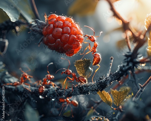 A brigade of ants cooperatively maneuvers a fallen berry, a macro scene of teamwork in the underbrush, macro photography. photo