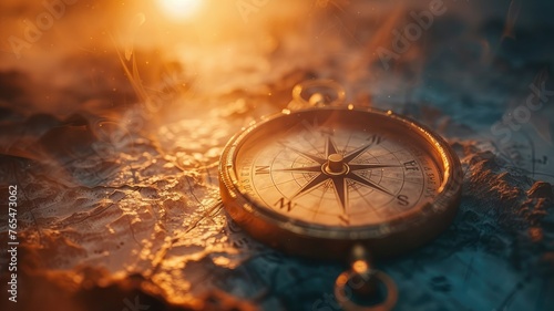 Antique compass on vintage map at sundown - Old golden compass atop a weathered map with warm sunlight casting a nostalgic and adventurous glow