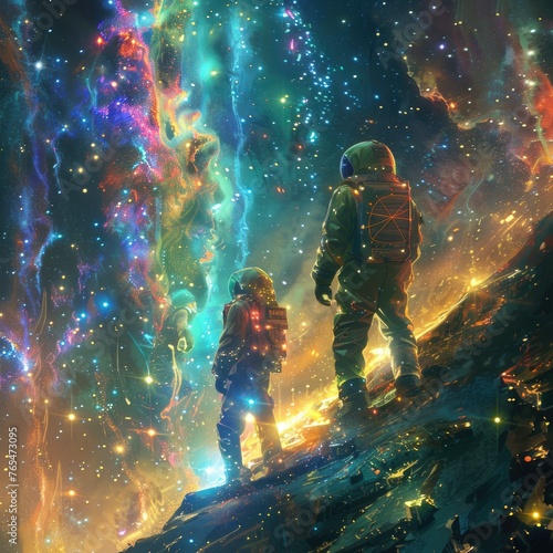 Astronauts gazing at vibrant cosmic scenery - Two astronauts standing on a rocky terrain amazed by the abstract, vibrant colors of the universe, depicting exploration
