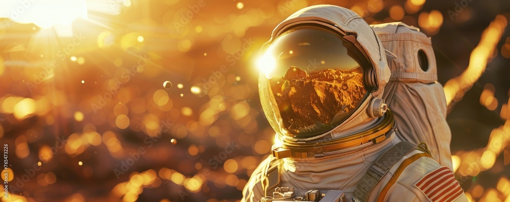 Close-up of astronaut with golden flare - Detailed close-up of an astronaut helmet reflecting a golden mountain, symbolizing achievement and discovery