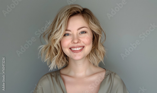 A beautiful woman with blonde hair in a bob style smiling at the camera