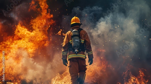 Firefighter battling a raging wildfire - A courageous firefighter in full gear advances towards an intense wildfire, representing bravery and danger