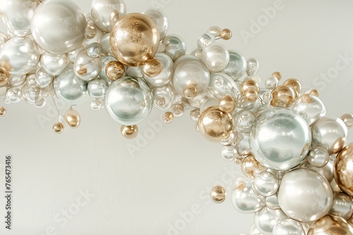 Silver and gold balloons and arch, in the style of matte background