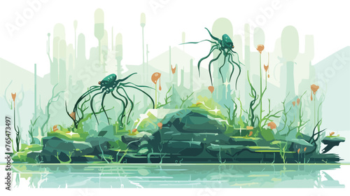 A cybernetic swamp with glowing algae and mechanical