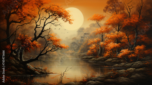 Autumn landscape forest orange tree lake ..