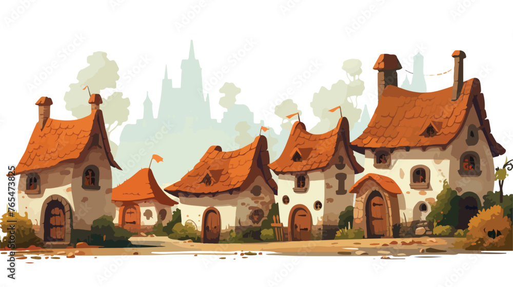 A fantasy village with thatched-roof cottages 