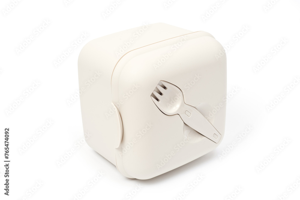 Plastic food container with built-in fork and gravy boat. Plastic food container with built-in fork and gravy boat.
