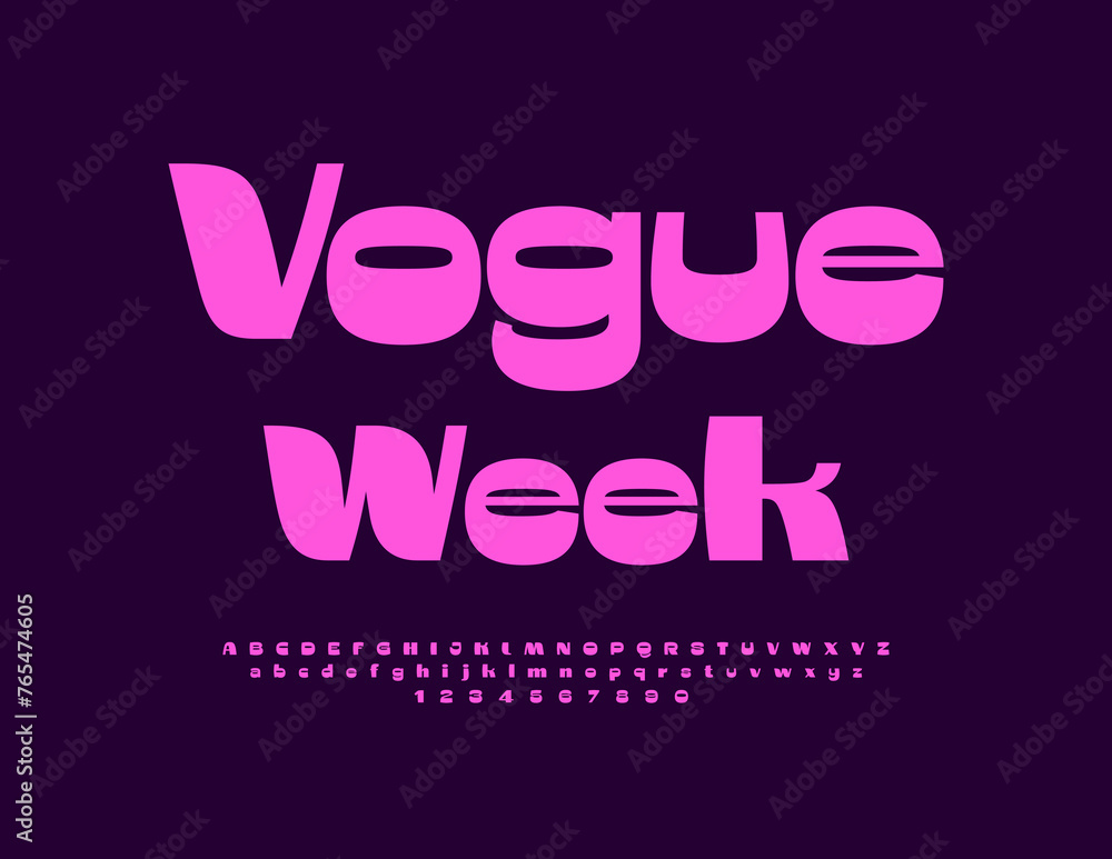 Vector stylish logo Vogue Week. Elegant Pink Font. Modern Alphabet Letters and Numbers Vector stylish logo Vogue Week. Elegant Pink Font. Modern Alphabet Letters and Numbers