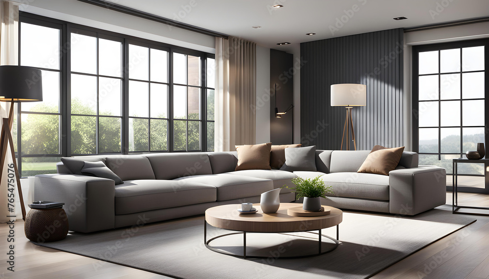 Fototapeta premium Modern Interior of a bright living room with gray sofas, a coffee table and a large window, 3D rendering, model of a modern living room design,