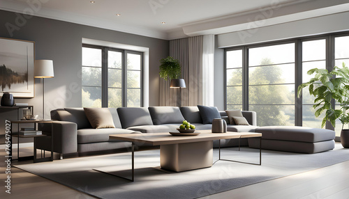 Modern Interior of a bright living room with gray sofas, a coffee table and a large window, 3D rendering, model of a modern living room design, © Perecciv