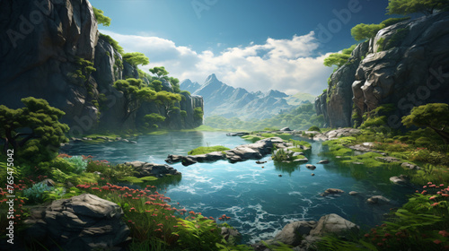 Beautiful fantasy surreal landscape with river and lus