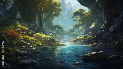 Beautiful fantasy surreal landscape with river and lus photo