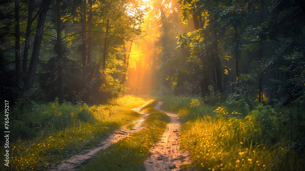 Obraz premium A dirt road surrounded by trees and grass with the sun shining through the trees.
