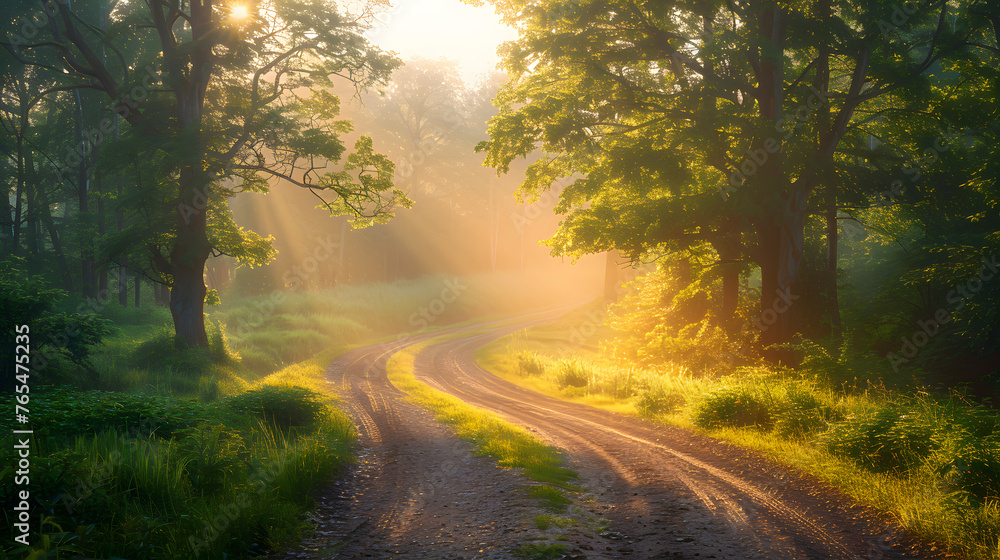 Obraz premium A dirt road surrounded by trees and grass with the sun shining through the trees.