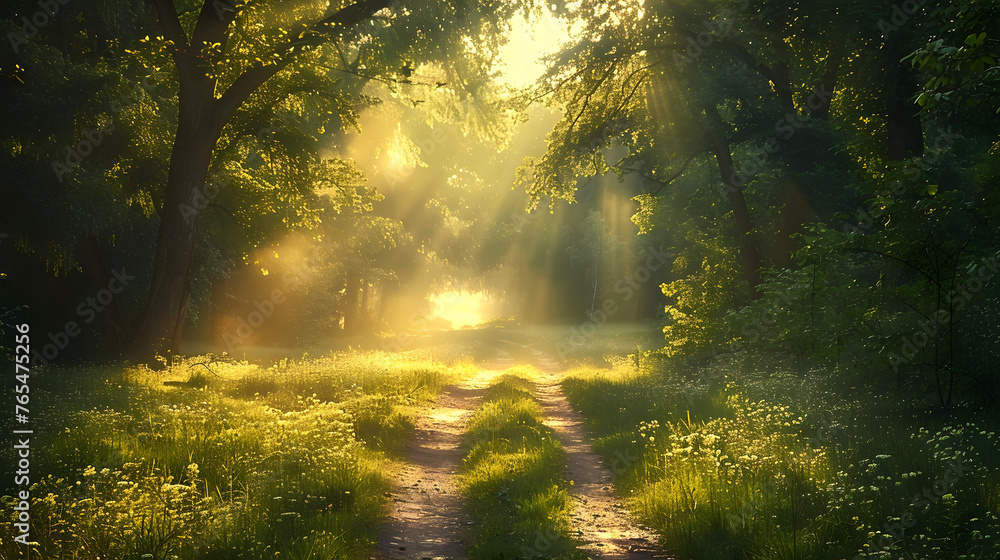 Obraz premium A dirt road surrounded by trees and grass with the sun shining through the trees.