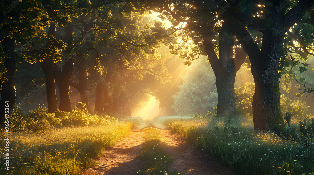 Obraz premium A dirt road surrounded by trees and grass with the sun shining through the trees.