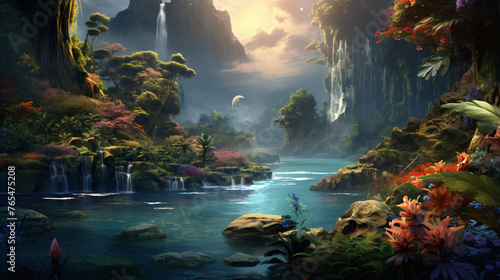 Beautiful fantasy surreal landscape with river and lus © Jafger