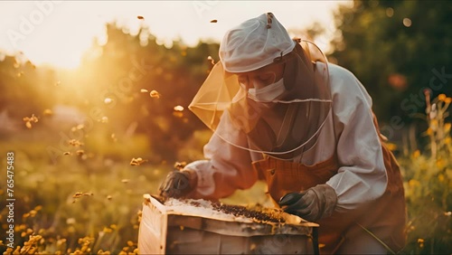 The beekeeper pulls out a frame with honey from the beehive. Apiarist in protective suit holds a honey cells with bees in his hands. Ai generated. photo