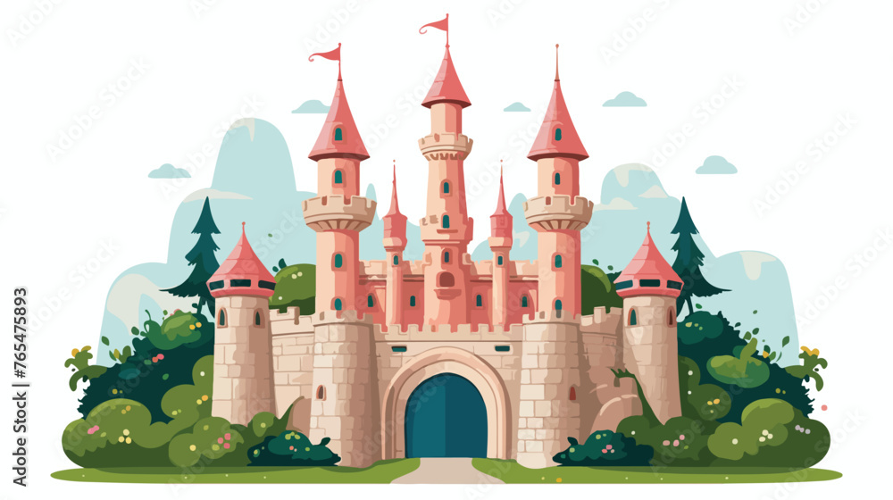 A whimsical fairy tale castle with towers and spires