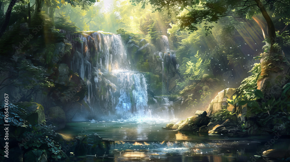 A serene waterfall cascades down mossy rocks, sunbeams break through the dense forest creating a mystical feel
