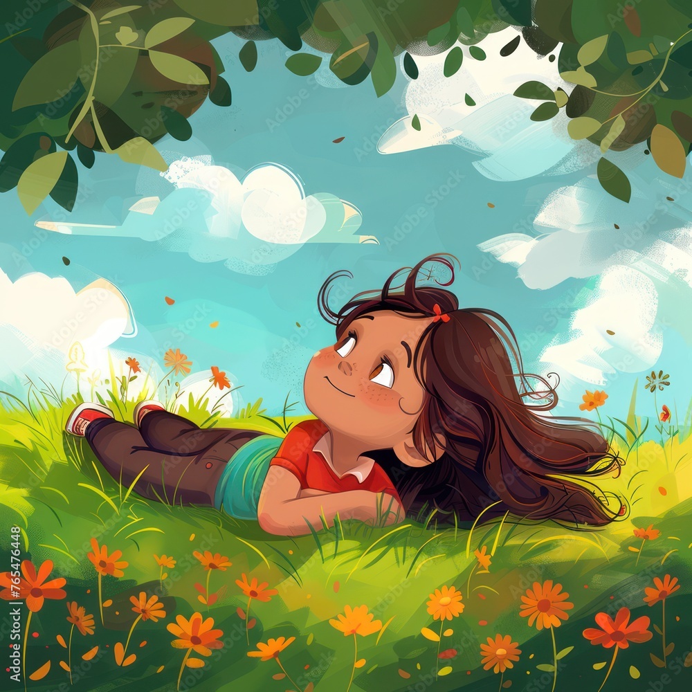 The girl lies on a beautiful meadow, the sun is shining. Cartoon style illustration The girl lies on a beautiful meadow, the sun is shining. Cartoon style illustration