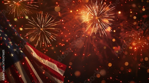American Flag with Celebratory Fireworks on Background. USA, independence day, America, US, Veteran, Memorial, Patriotism, Firework, National, Holiday, 4th July 
