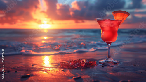 A cocktail glass filled with a vibrant concoction, set against the backdrop of a stunning sunset over the horizon of a serene beach.