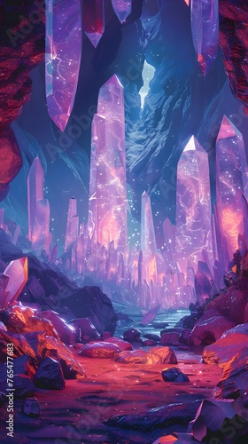 An ethereal landscape of a crystal cave, where towering amethyst formations emit a celestial glow, creating a mystical subterranean realm.