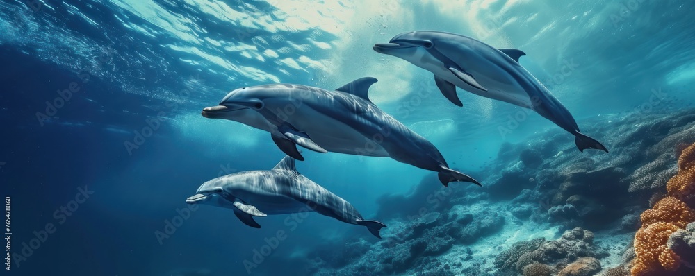 Obraz premium Dolphins swimm together in underwater world